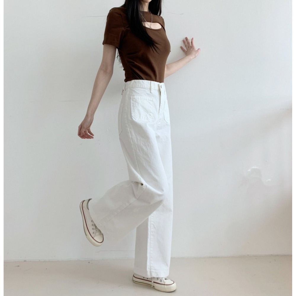 [現貨 24H] VENUSY｜ 韓國女裝｜棉質直筒口袋牛仔褲 韓國牛仔褲 淺粉紅牛仔褲-細節圖8