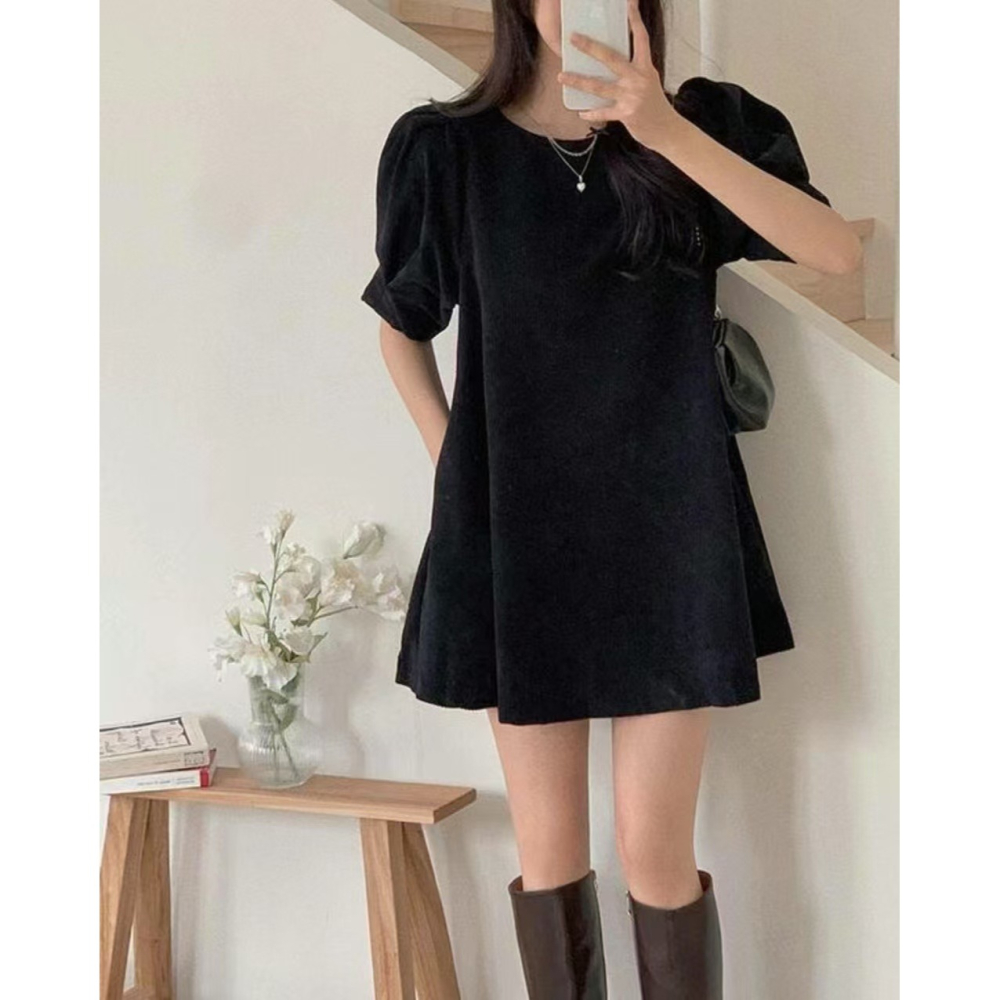VENUSY｜ 甜美❤ 韓國女裝｜燈芯絨泡泡袖小洋裝 韓國洋裝-細節圖2