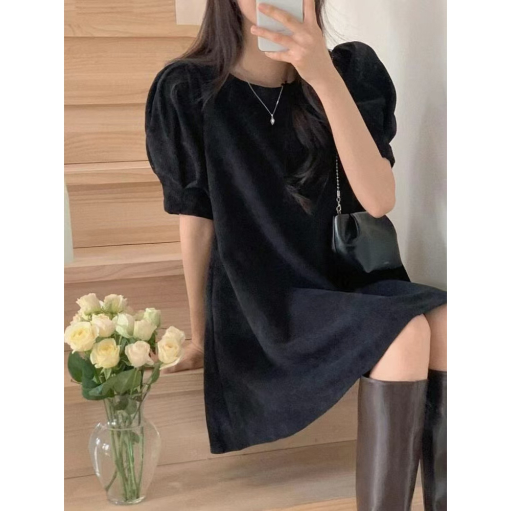 VENUSY｜ 甜美❤ 韓國女裝｜燈芯絨泡泡袖小洋裝 韓國洋裝-細節圖3