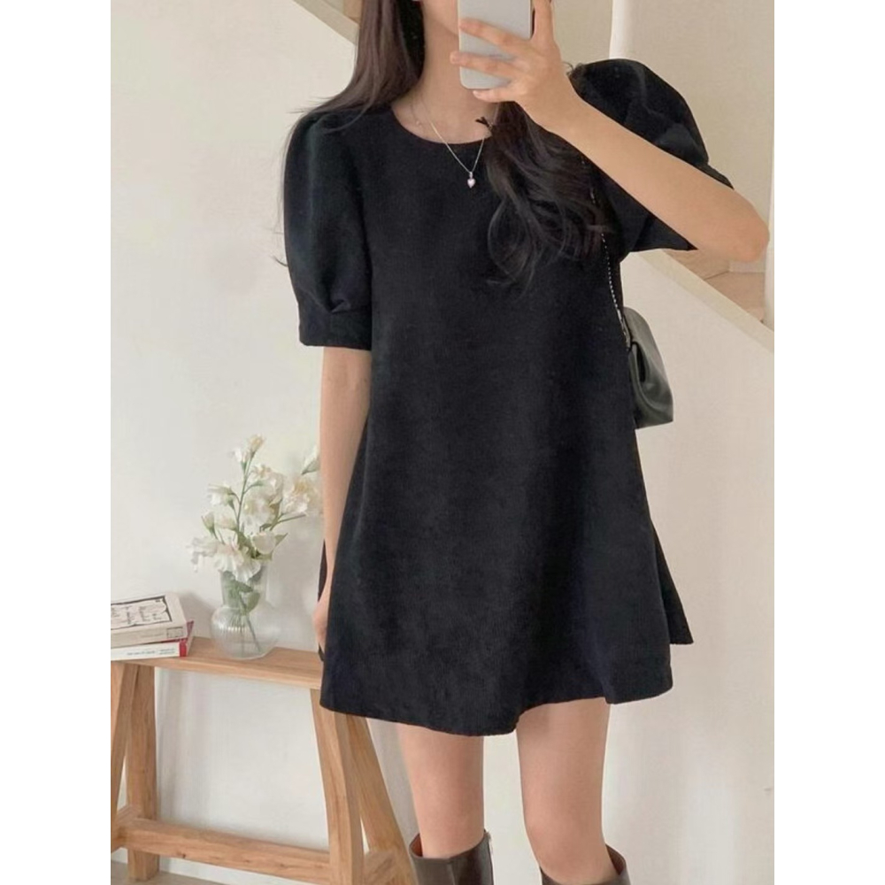 VENUSY｜ 甜美❤ 韓國女裝｜燈芯絨泡泡袖小洋裝 韓國洋裝-細節圖4