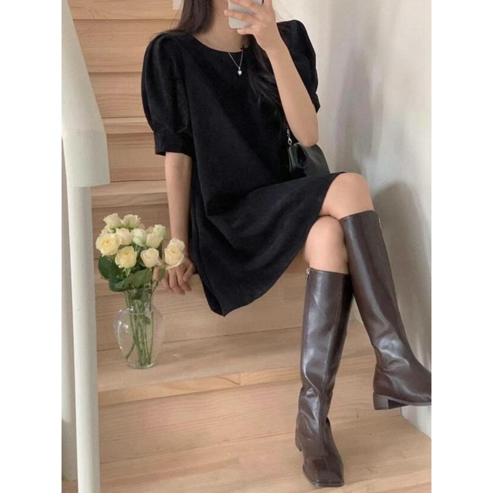 VENUSY｜ 甜美❤ 韓國女裝｜燈芯絨泡泡袖小洋裝 韓國洋裝-細節圖5