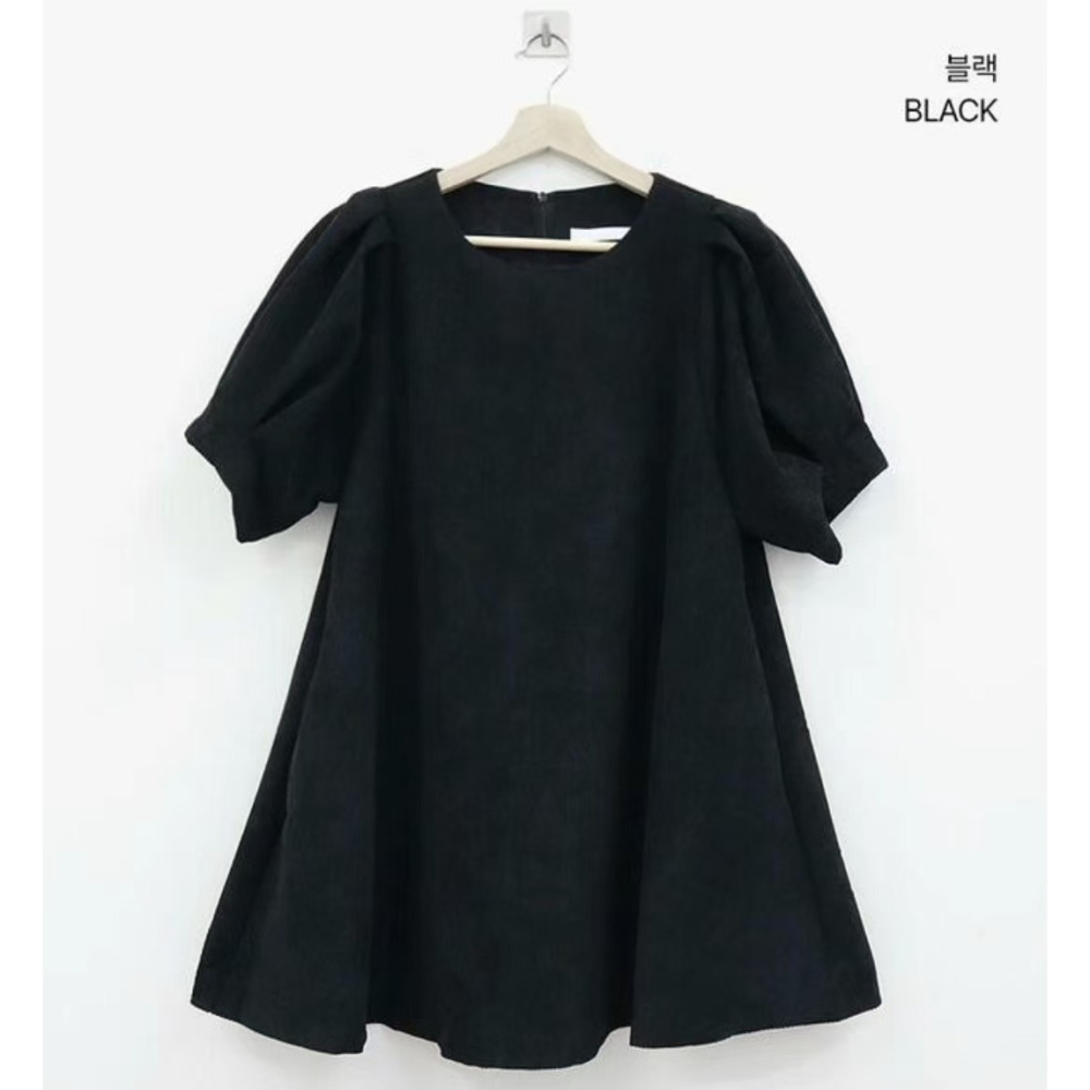 VENUSY｜ 甜美❤ 韓國女裝｜燈芯絨泡泡袖小洋裝 韓國洋裝-細節圖6