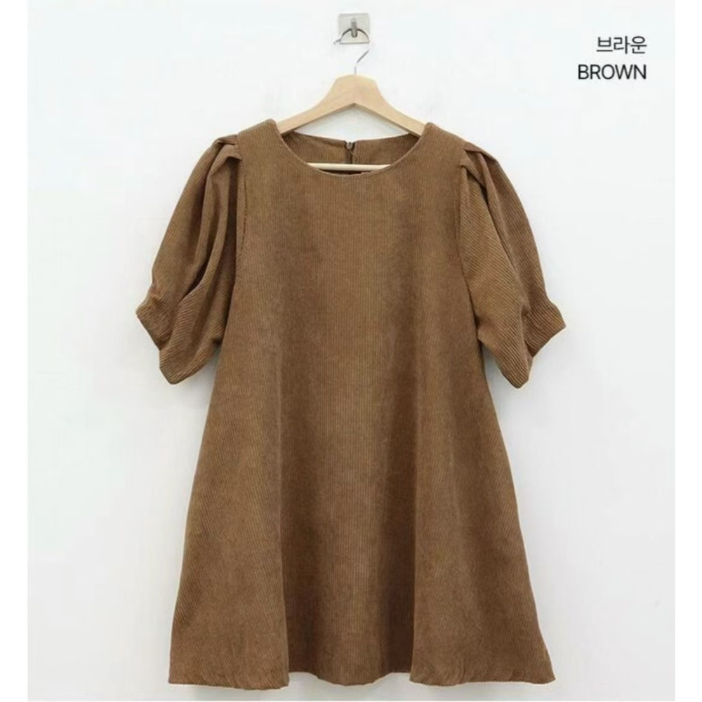 VENUSY｜ 甜美❤ 韓國女裝｜燈芯絨泡泡袖小洋裝 韓國洋裝-細節圖7