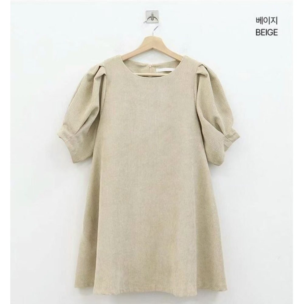 VENUSY｜ 甜美❤ 韓國女裝｜燈芯絨泡泡袖小洋裝 韓國洋裝-細節圖8