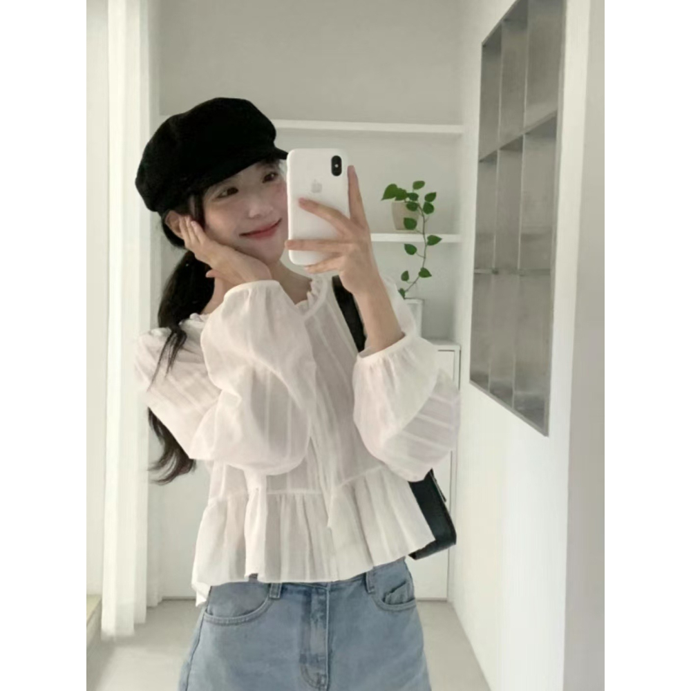 VENUSY｜ 韓國女裝｜褶邊緞帶棉質蕾絲襯衫 韓國襯衫-細節圖2