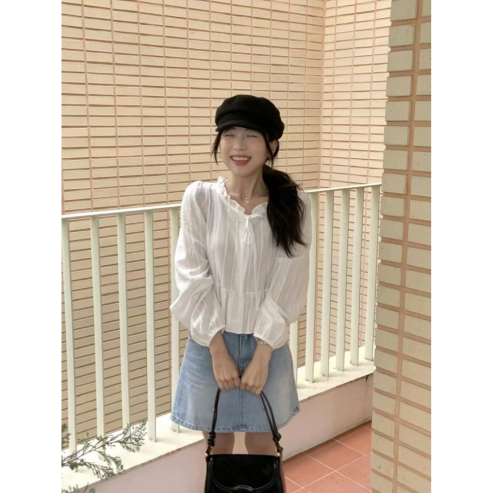 VENUSY｜ 韓國女裝｜褶邊緞帶棉質蕾絲襯衫 韓國襯衫-細節圖3