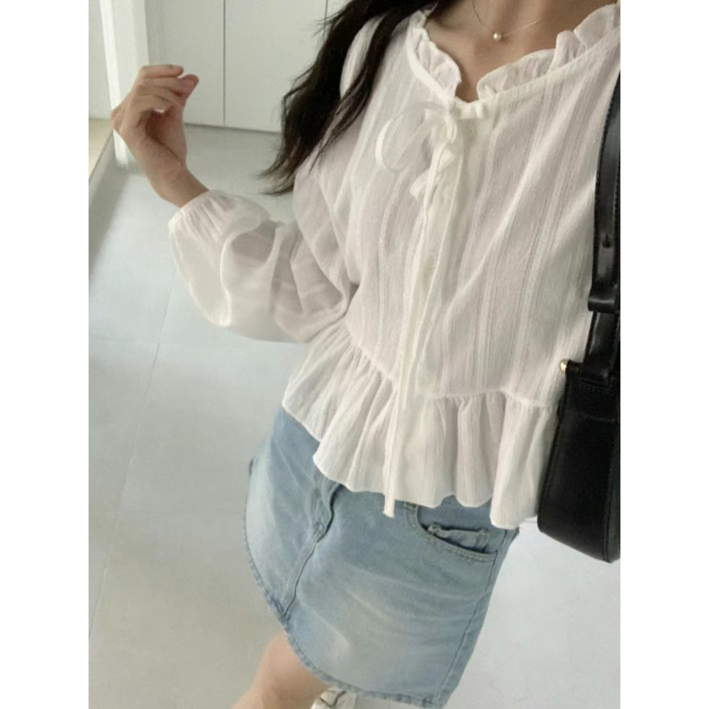 VENUSY｜ 韓國女裝｜褶邊緞帶棉質蕾絲襯衫 韓國襯衫-細節圖4