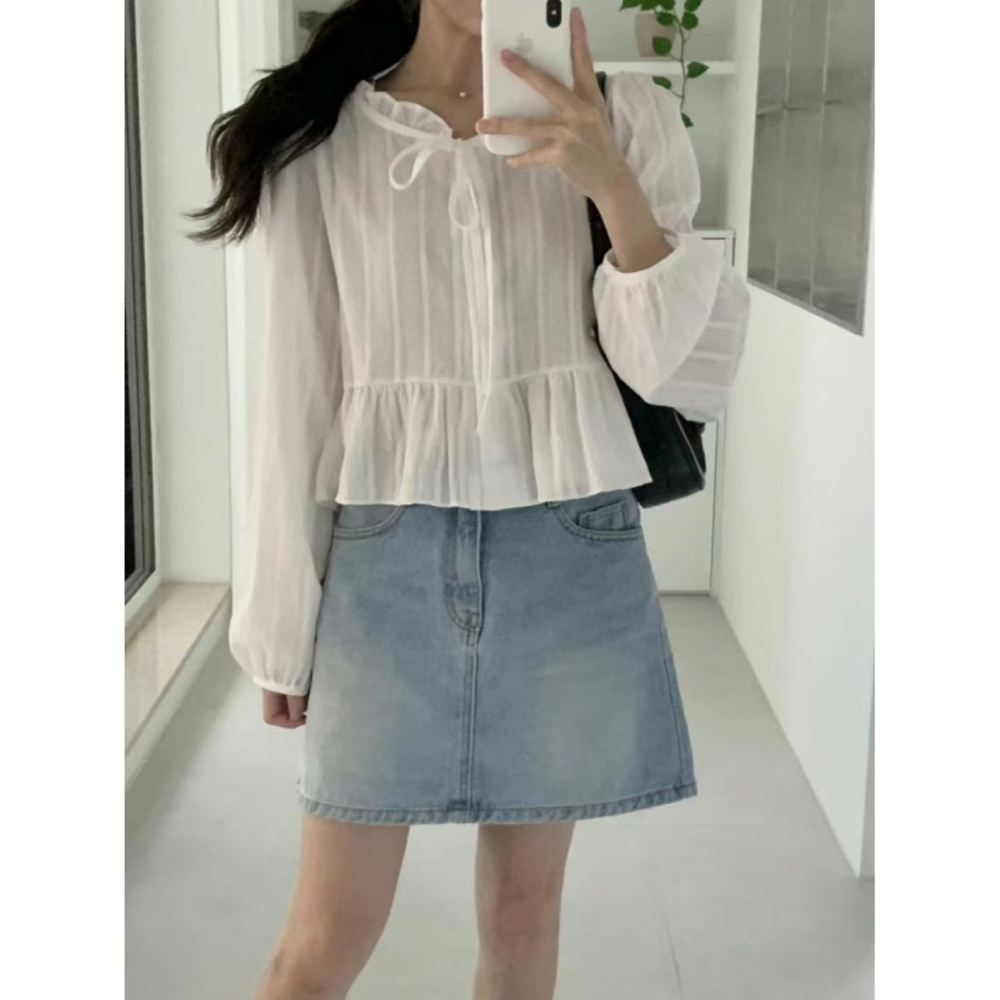 VENUSY｜ 韓國女裝｜褶邊緞帶棉質蕾絲襯衫 韓國襯衫-細節圖5