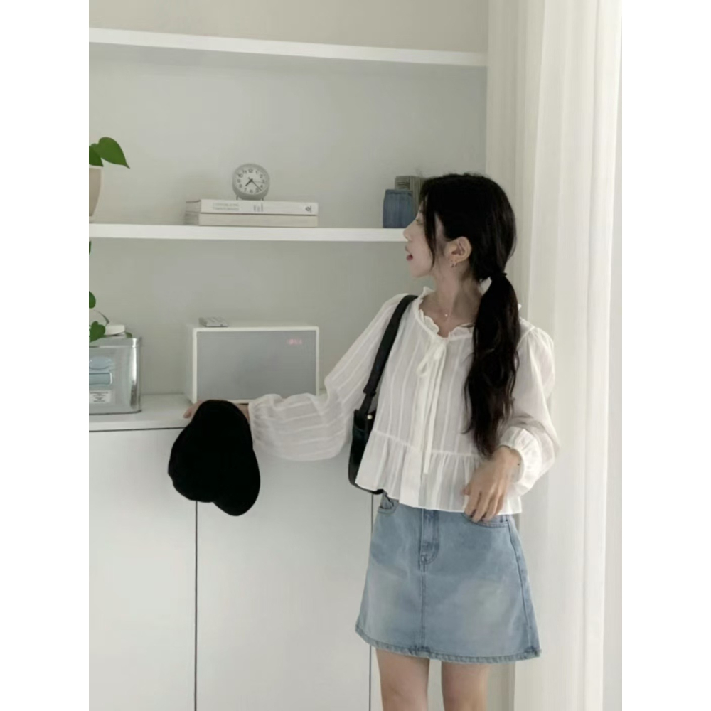 VENUSY｜ 韓國女裝｜褶邊緞帶棉質蕾絲襯衫 韓國襯衫-細節圖6