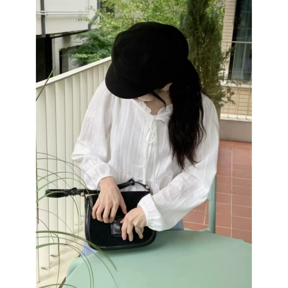 VENUSY｜ 韓國女裝｜褶邊緞帶棉質蕾絲襯衫 韓國襯衫-細節圖7