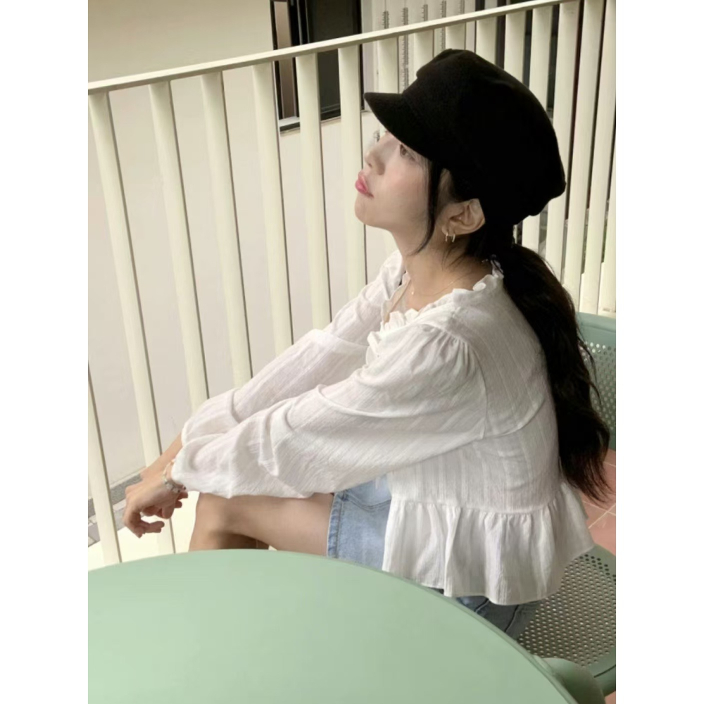 VENUSY｜ 韓國女裝｜褶邊緞帶棉質蕾絲襯衫 韓國襯衫-細節圖8