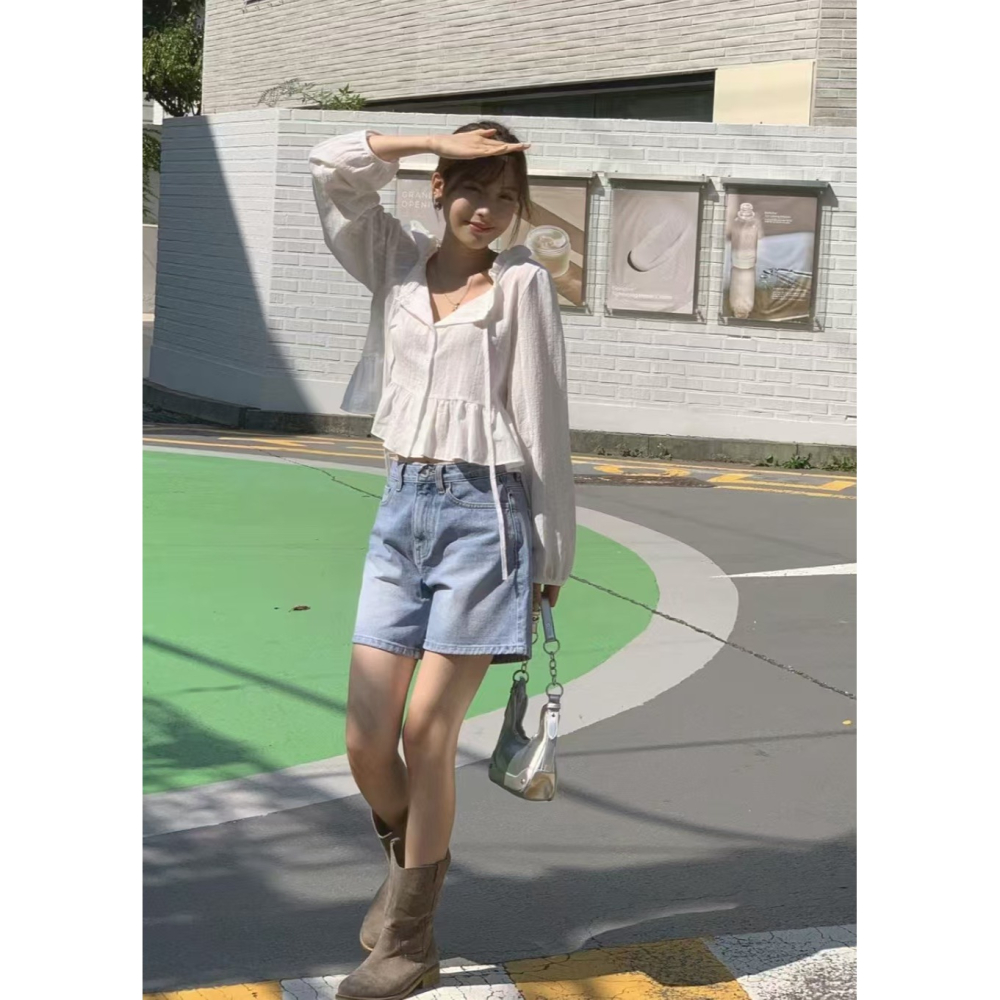 VENUSY｜ 韓國女裝｜褶邊緞帶棉質蕾絲襯衫 韓國襯衫-細節圖9