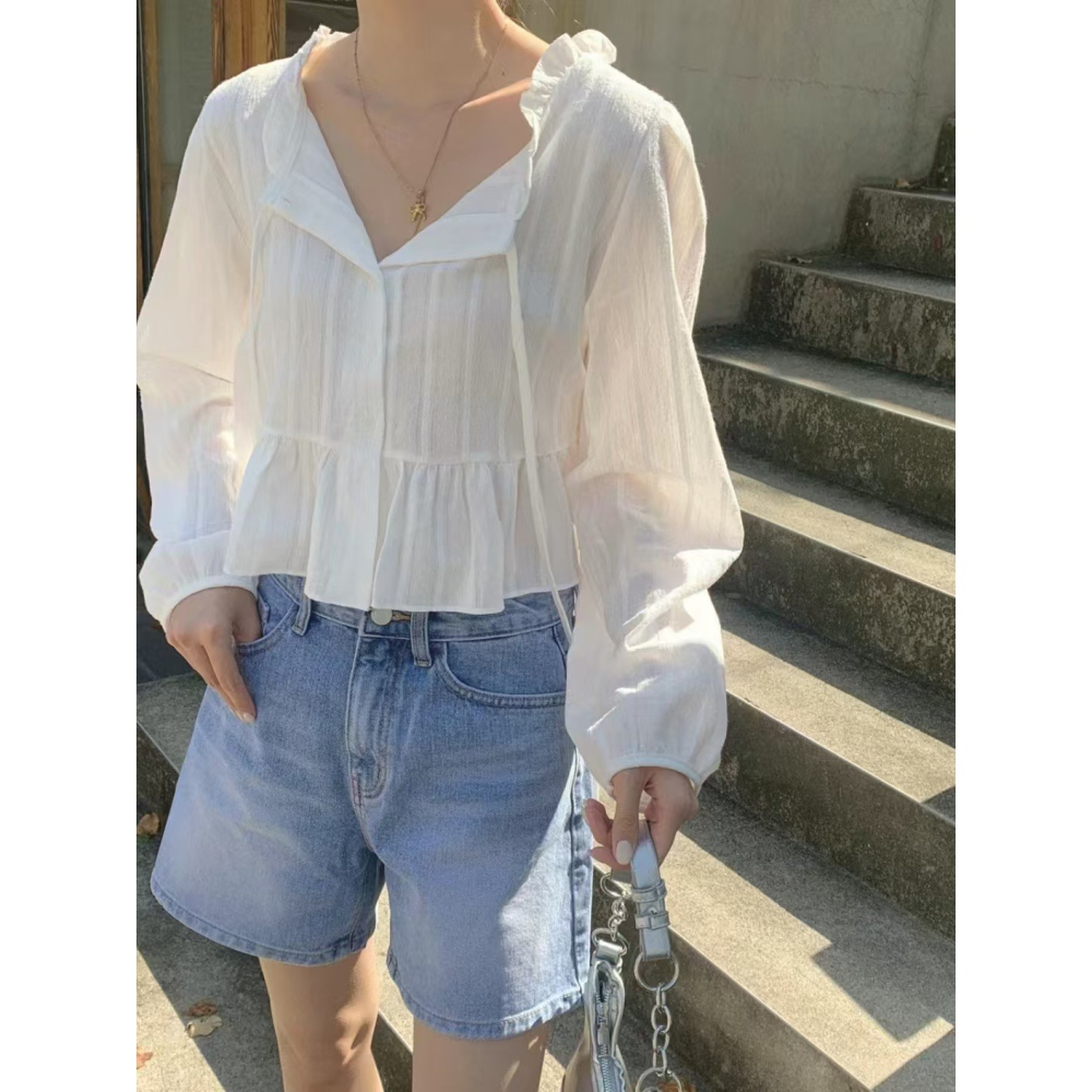 VENUSY｜ 韓國女裝｜褶邊緞帶棉質蕾絲襯衫 韓國襯衫-細節圖10