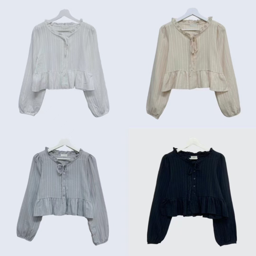 VENUSY｜ 韓國女裝｜褶邊緞帶棉質蕾絲襯衫 韓國襯衫-細節圖11