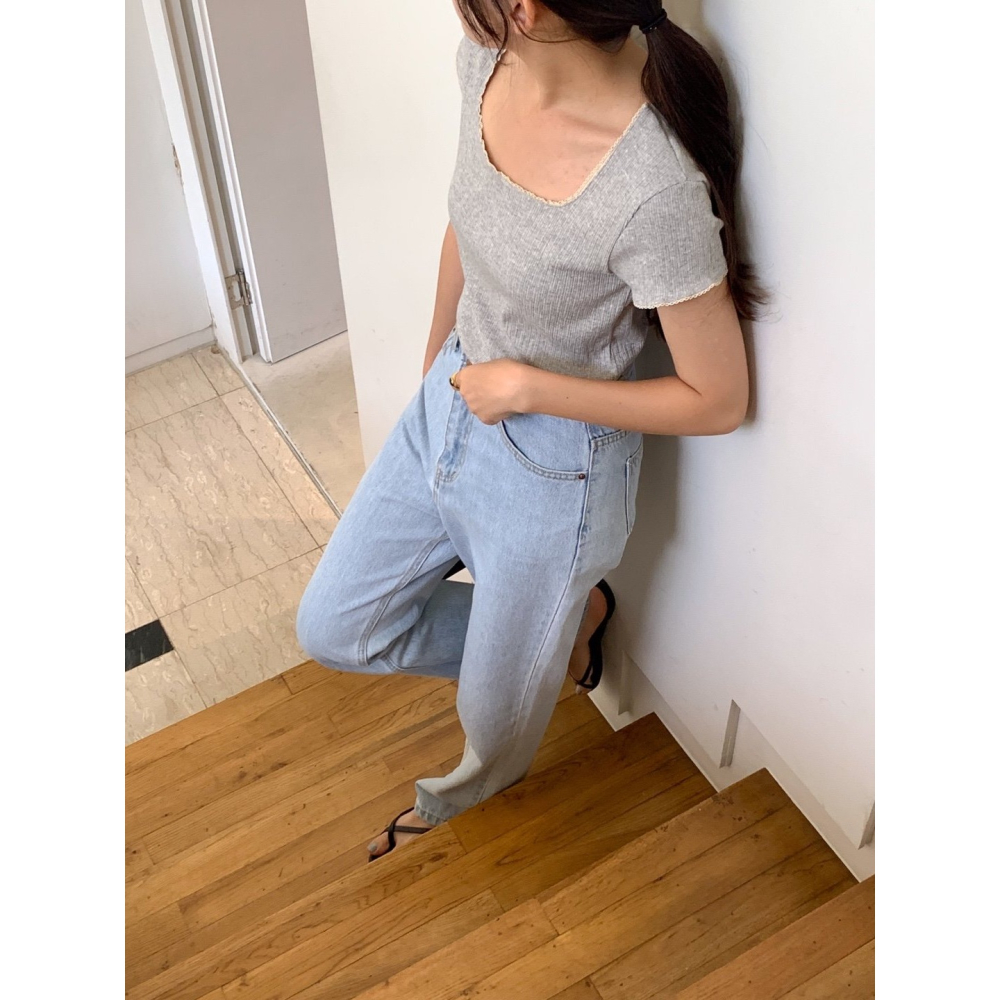 [換季優惠 售完斷貨] VENUSY｜ 韓國女裝｜蕾絲羅紋短袖T恤 韓國T恤-細節圖4