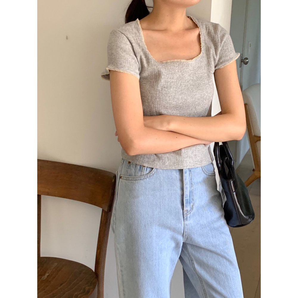 [換季優惠 售完斷貨] VENUSY｜ 韓國女裝｜蕾絲羅紋短袖T恤 韓國T恤-細節圖5