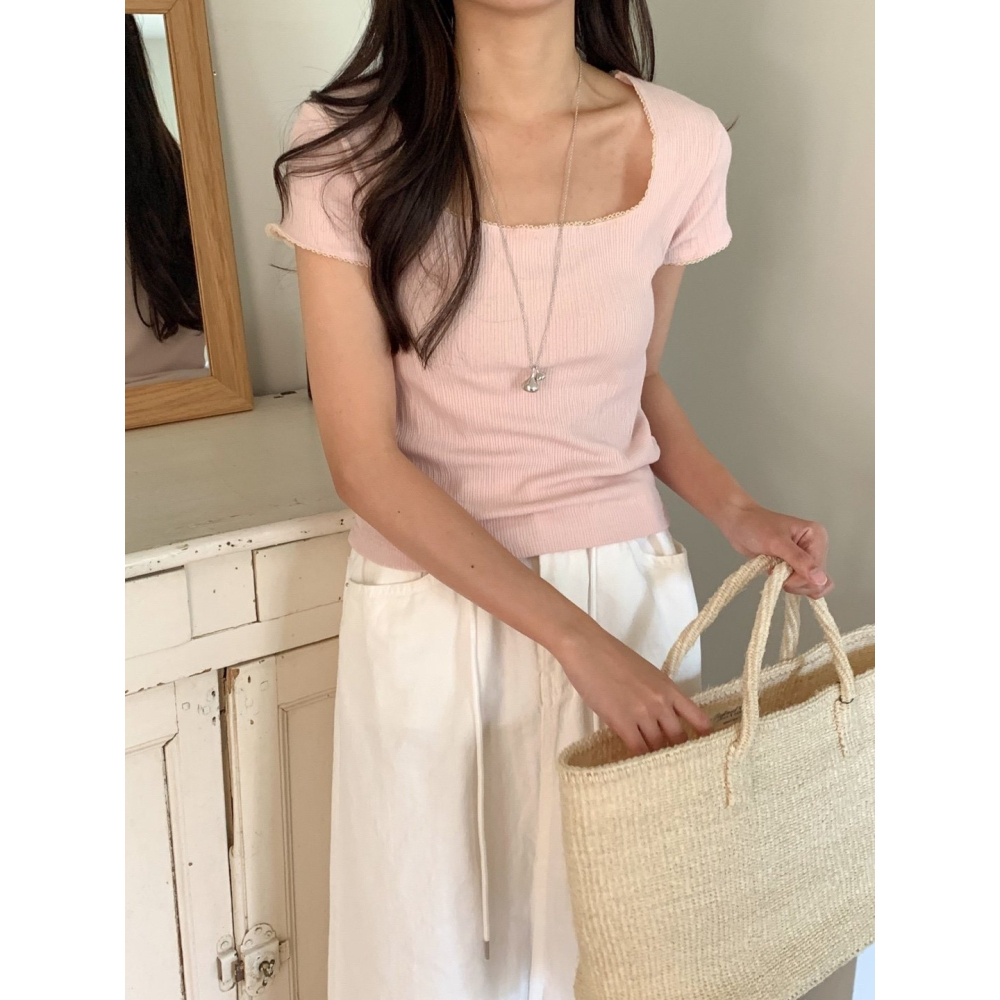 [換季優惠 售完斷貨] VENUSY｜ 韓國女裝｜蕾絲羅紋短袖T恤 韓國T恤-細節圖6