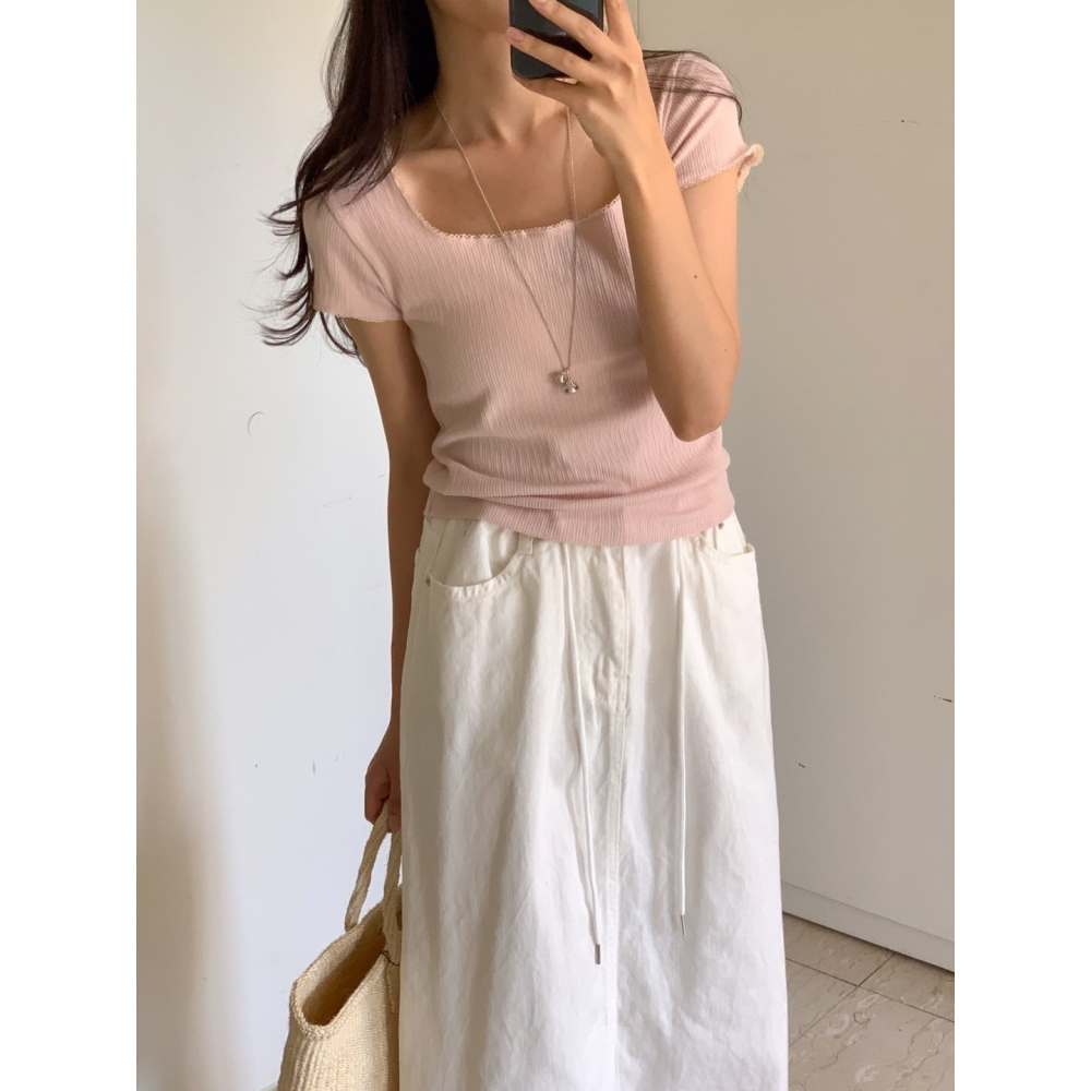 [換季優惠 售完斷貨] VENUSY｜ 韓國女裝｜蕾絲羅紋短袖T恤 韓國T恤-細節圖7