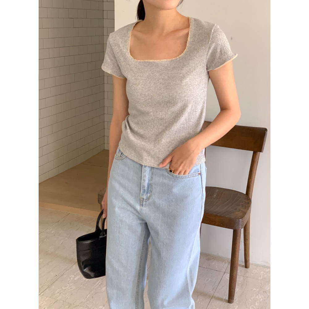 [換季優惠 售完斷貨] VENUSY｜ 韓國女裝｜蕾絲羅紋短袖T恤 韓國T恤-細節圖8