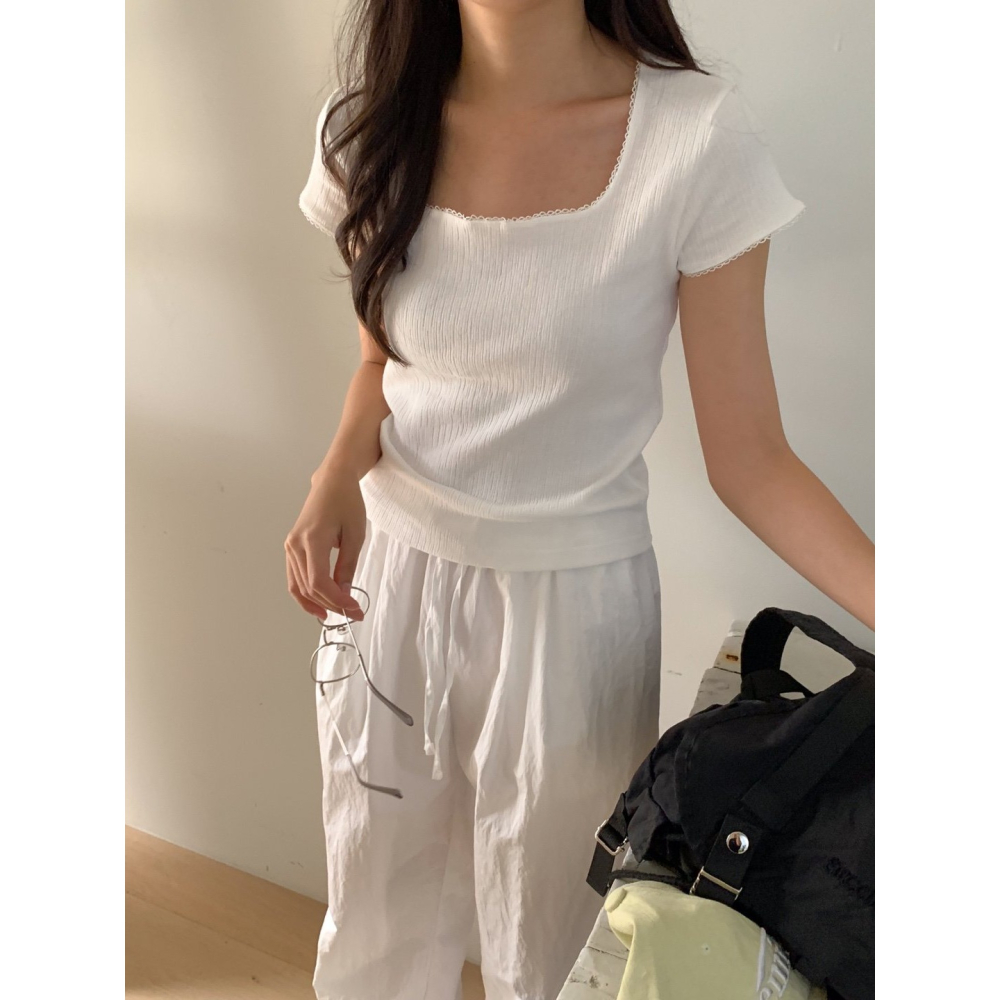 [換季優惠 售完斷貨] VENUSY｜ 韓國女裝｜蕾絲羅紋短袖T恤 韓國T恤-細節圖9