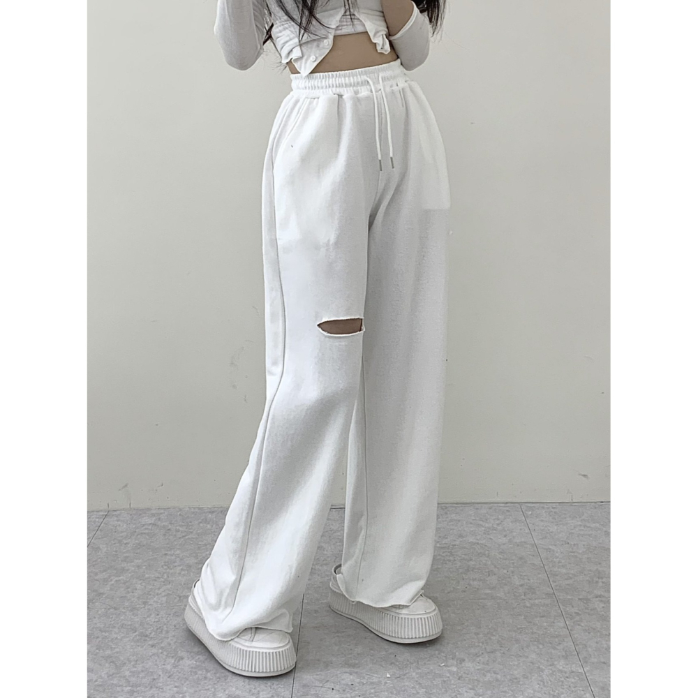 VENUSY｜ 韓國女裝｜純棉破洞設計運動長褲 爵士舞褲-細節圖4