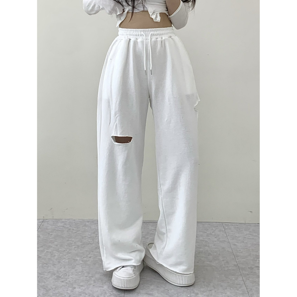 VENUSY｜ 韓國女裝｜純棉破洞設計運動長褲 爵士舞褲-細節圖5