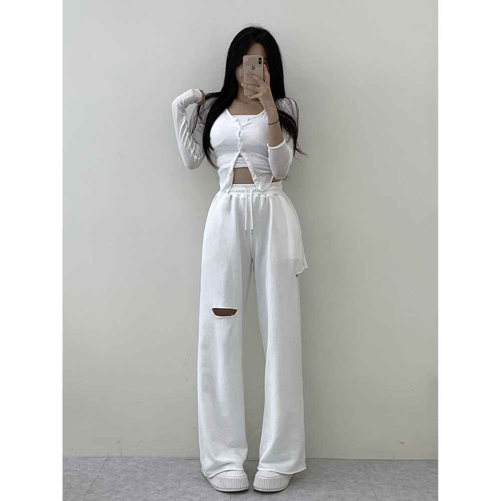 VENUSY｜ 韓國女裝｜純棉破洞設計運動長褲 爵士舞褲-細節圖6