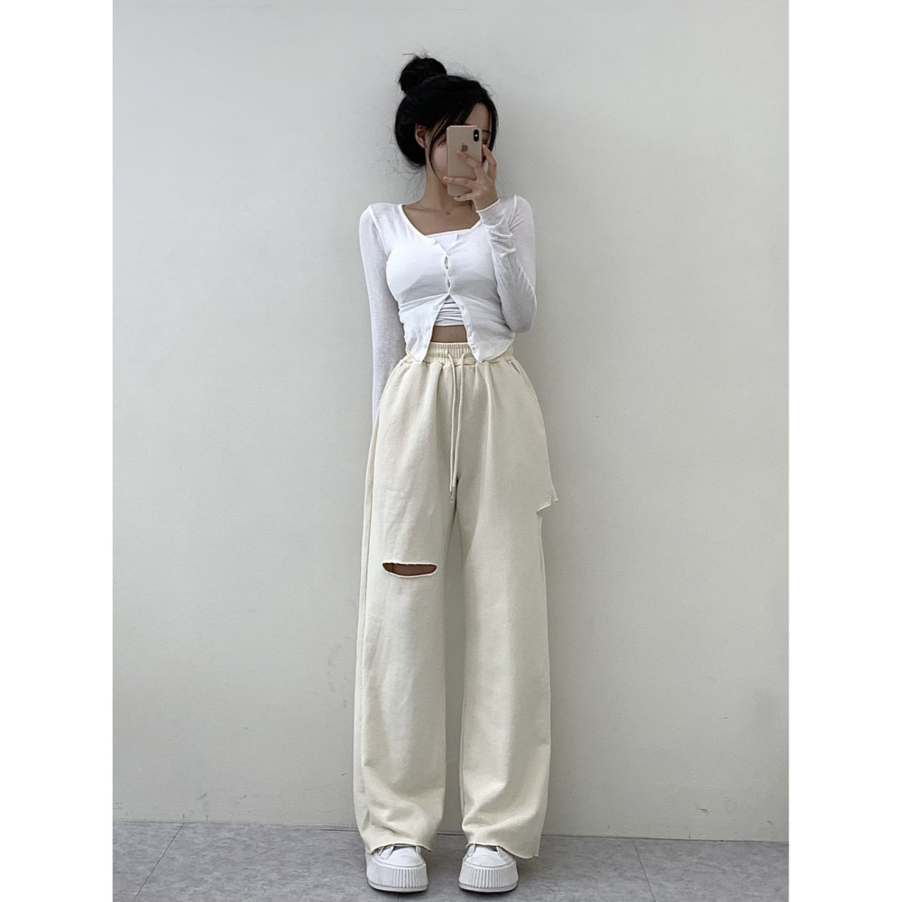 VENUSY｜ 韓國女裝｜純棉破洞設計運動長褲 爵士舞褲-細節圖9