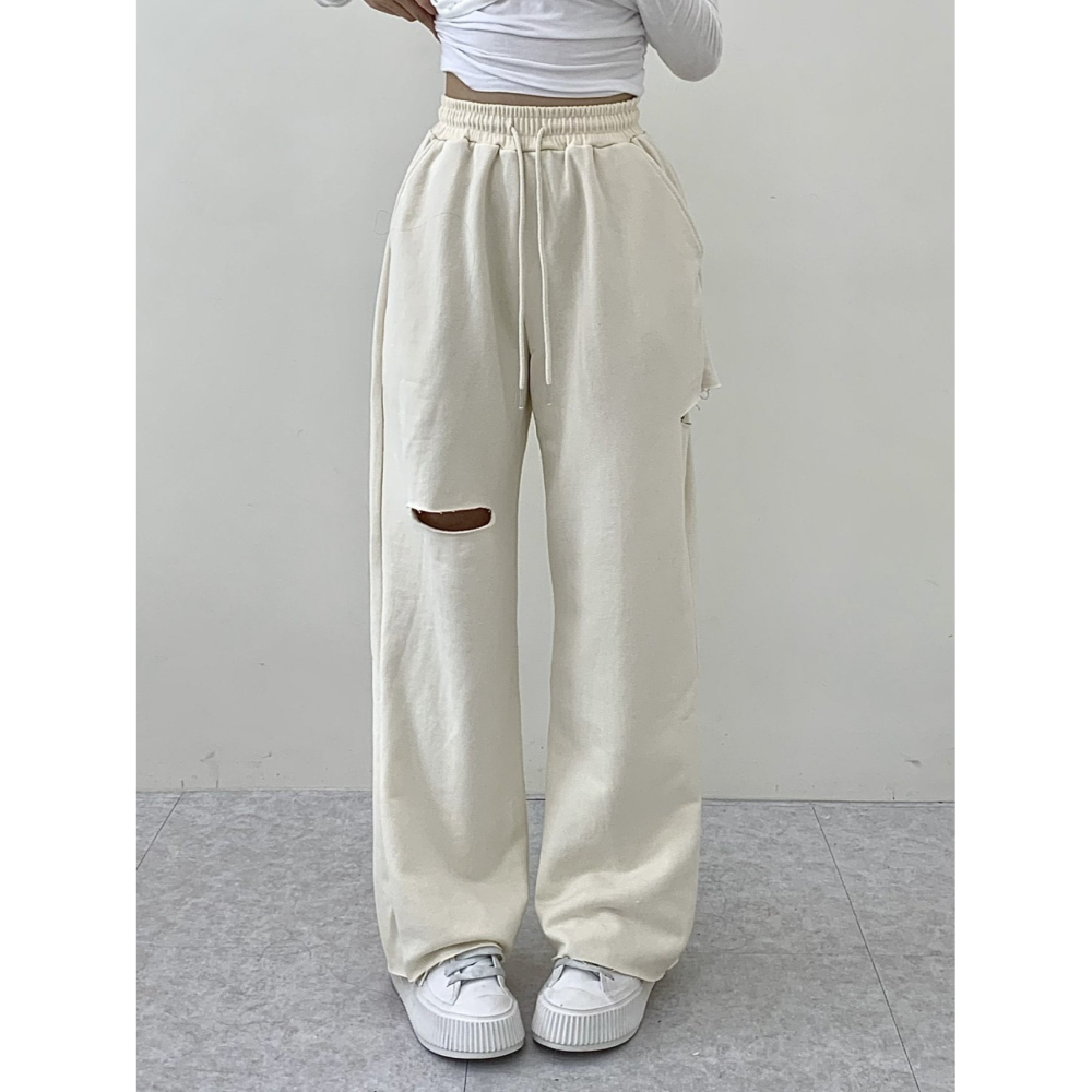 VENUSY｜ 韓國女裝｜純棉破洞設計運動長褲 爵士舞褲-細節圖11