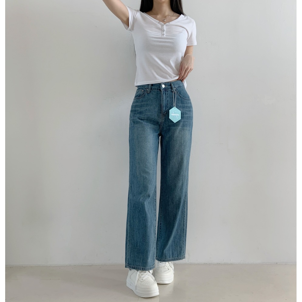 VENUSY｜正韓🇰🇷 - 純棉透氣舒適☀ 韓國女裝｜純棉寬鬆直筒牛仔褲 韓國牛仔褲-細節圖5