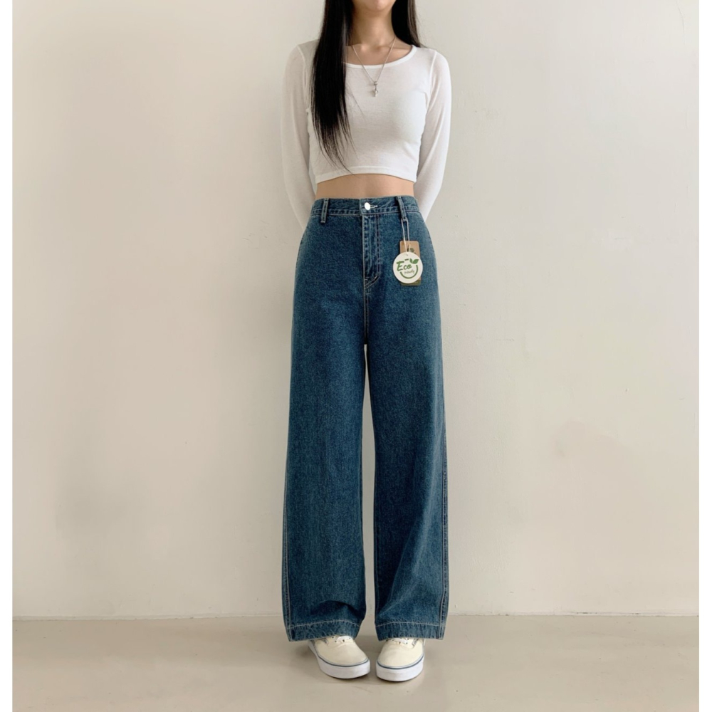 VENUSY｜正韓🇰🇷 - 版型嚴選✔ 韓國女裝｜純棉側口袋高腰直筒牛仔褲 韓國牛仔褲-細節圖3