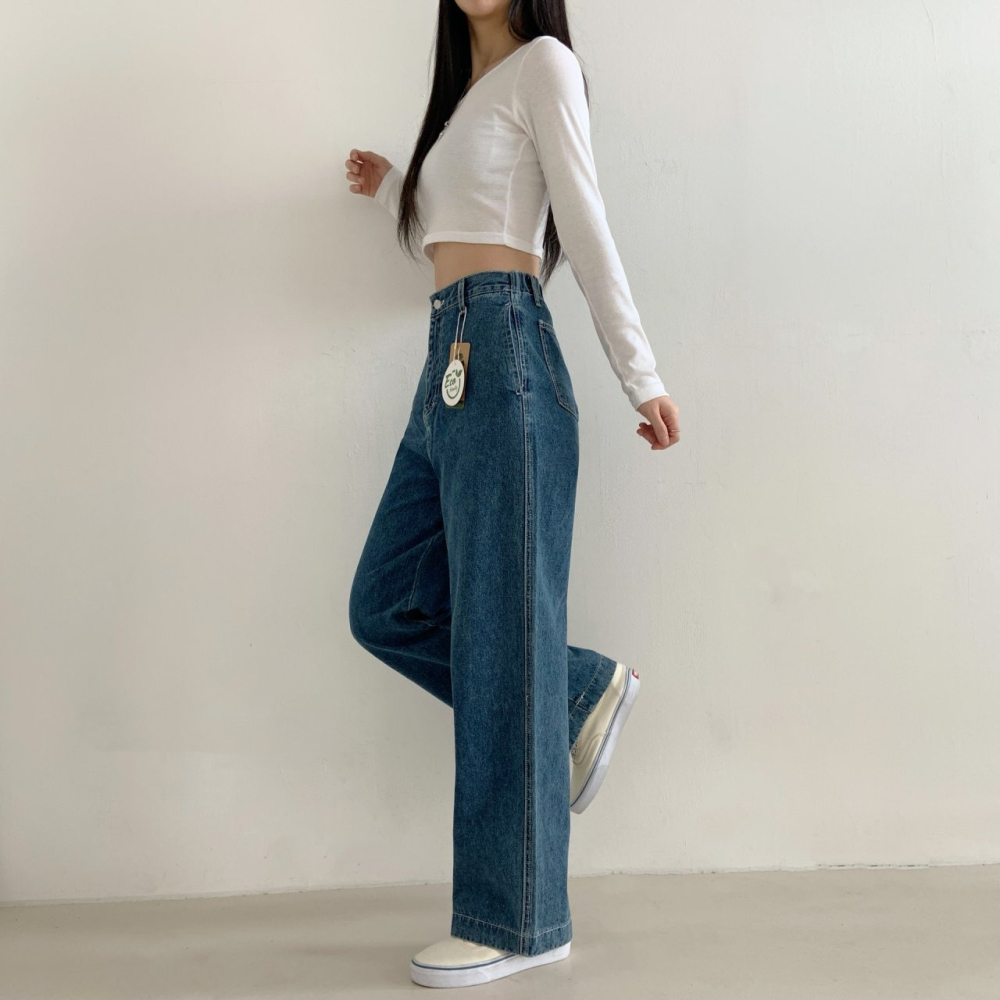 VENUSY｜正韓🇰🇷 - 版型嚴選✔ 韓國女裝｜純棉側口袋高腰直筒牛仔褲 韓國牛仔褲-細節圖7