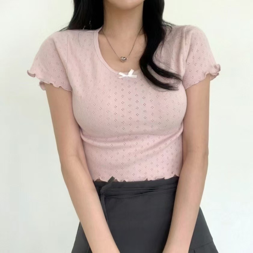 [現貨]VENUSY｜正韓🇰🇷 - 芭蕾可愛淑女風☻ 韓國女裝｜鏤空打孔木耳邊T恤 韓國T恤-細節圖3