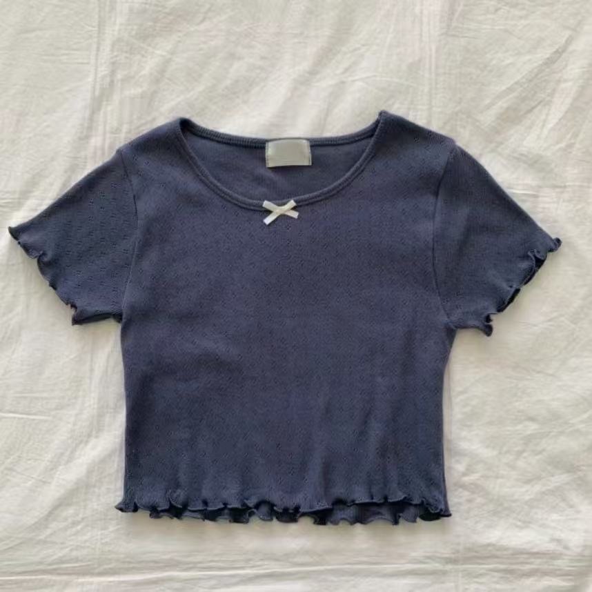 [現貨]VENUSY｜正韓🇰🇷 - 芭蕾可愛淑女風☻ 韓國女裝｜鏤空打孔木耳邊T恤 韓國T恤-細節圖8