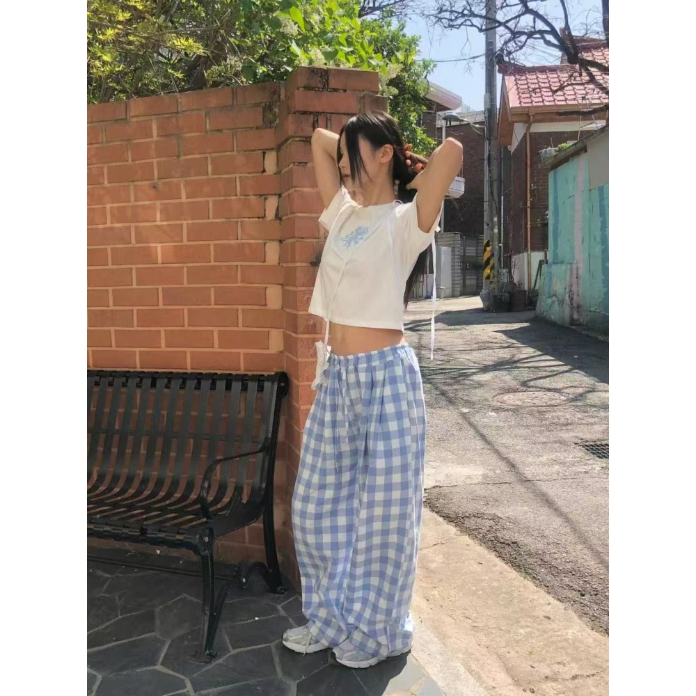 [現貨+預購] VENUSY｜正韓🇰🇷 - 純棉透氣舒適☀ 韓國女裝｜純棉格紋口袋長褲-細節圖5