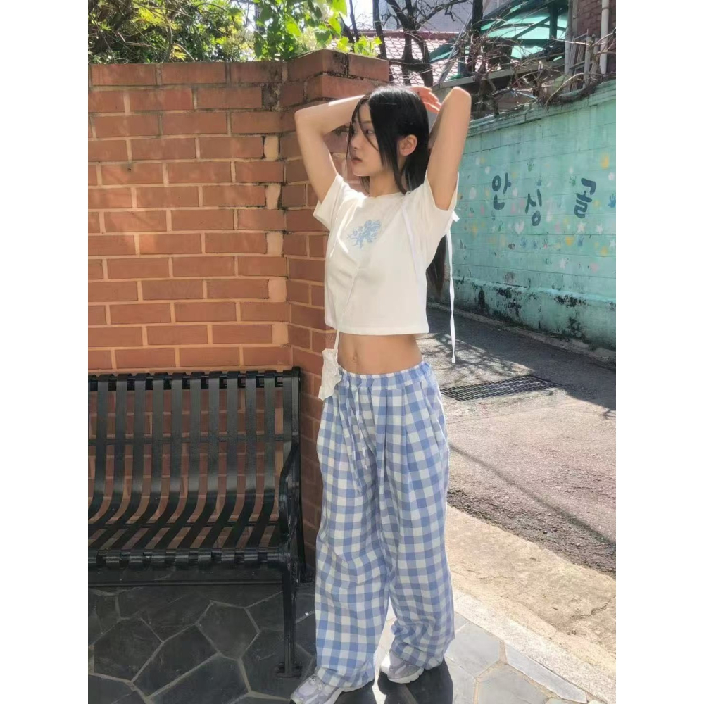 [現貨+預購] VENUSY｜正韓🇰🇷 - 純棉透氣舒適☀ 韓國女裝｜純棉格紋口袋長褲-細節圖7