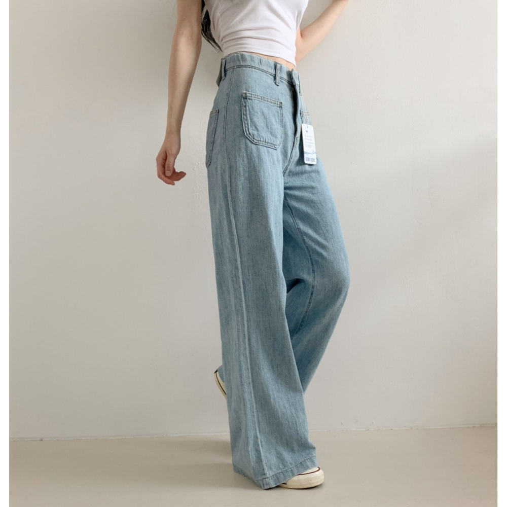 [現貨+預購] VENUSY｜正韓🇰🇷 - 韓國女裝｜棉質六角口袋牛仔褲 韓國牛仔褲 類亞麻牛仔長褲-細節圖2