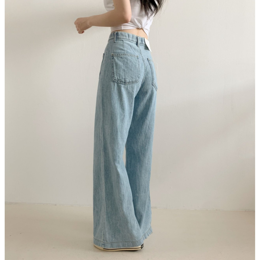 [現貨+預購] VENUSY｜正韓🇰🇷 - 韓國女裝｜棉質六角口袋牛仔褲 韓國牛仔褲 類亞麻牛仔長褲-細節圖4