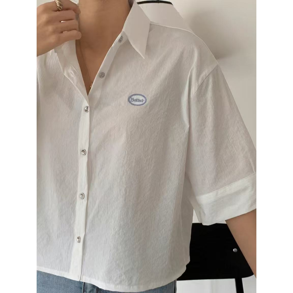 [現貨+預購] VENUSY｜正韓🇰🇷 - 不易皺✓ 韓國女裝｜刺繡七分袖條紋半短版襯衫 韓國襯衫-細節圖5