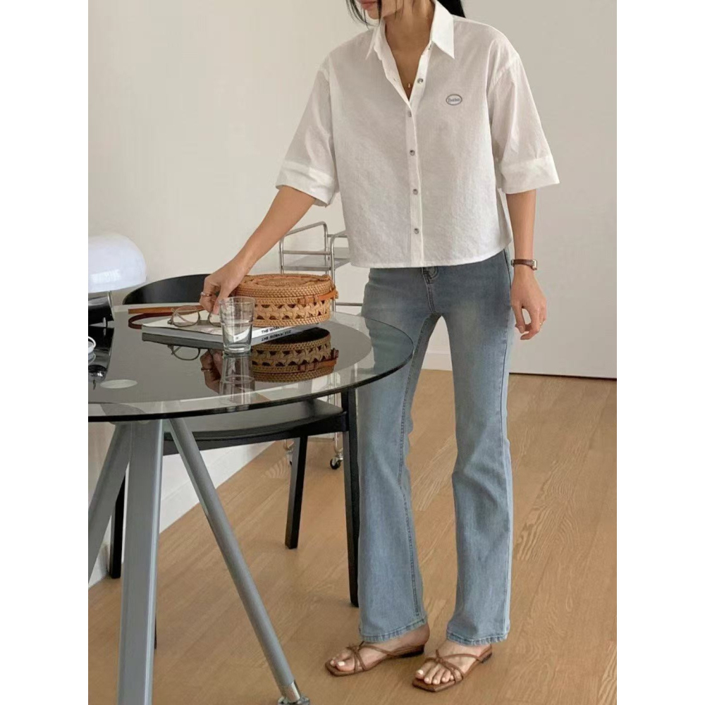 [現貨+預購] VENUSY｜正韓🇰🇷 - 不易皺✓ 韓國女裝｜刺繡七分袖條紋半短版襯衫 韓國襯衫-細節圖6