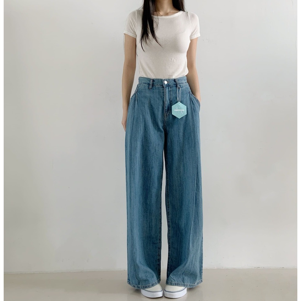 VENUSY｜正韓🇰🇷 - 純棉透氣舒適☀ 韓國女裝｜純棉褶邊寬鬆直筒牛仔褲 韓國牛仔褲-細節圖2