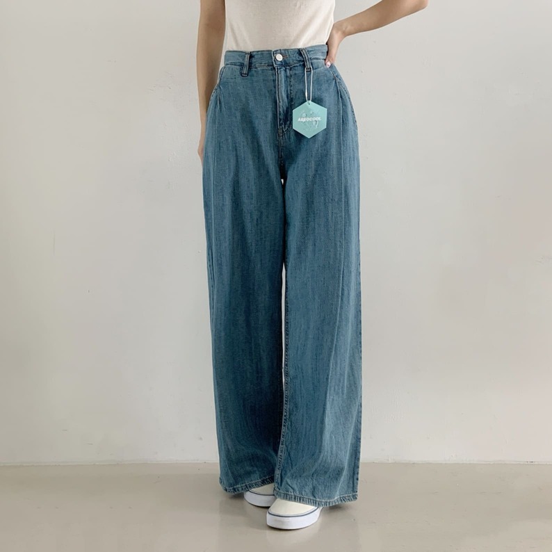 VENUSY｜正韓🇰🇷 - 純棉透氣舒適☀ 韓國女裝｜純棉褶邊寬鬆直筒牛仔褲 韓國牛仔褲-細節圖3