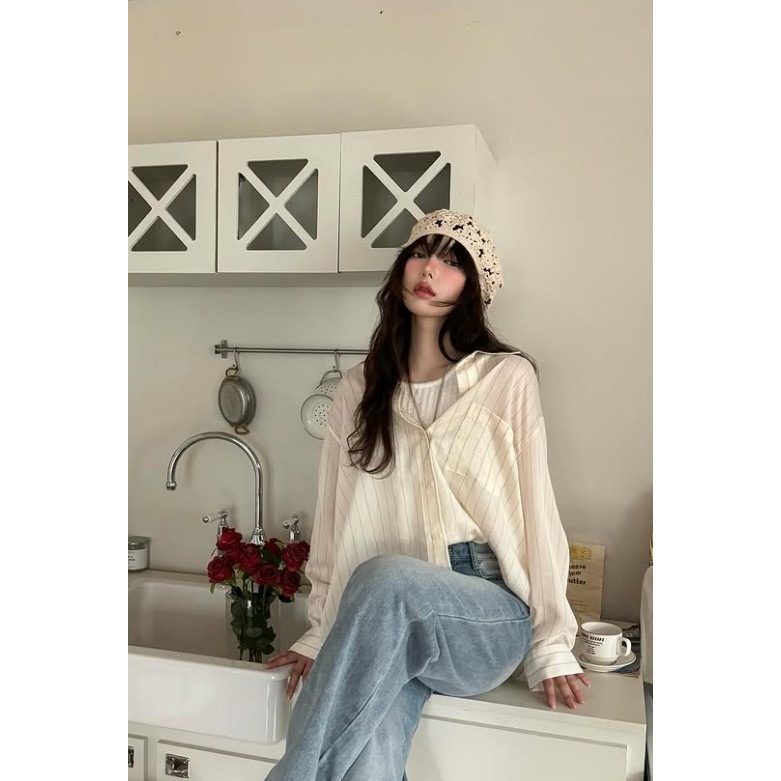 VENUSY｜正韓🇰🇷 - 韓國女裝｜亞麻線條透光襯衫 韓國襯衫-細節圖2