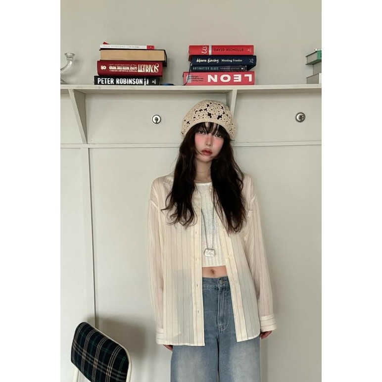 VENUSY｜正韓🇰🇷 - 韓國女裝｜亞麻線條透光襯衫 韓國襯衫-細節圖3