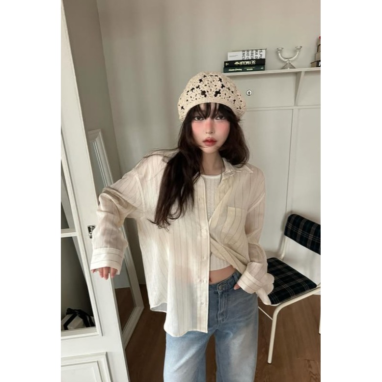 VENUSY｜正韓🇰🇷 - 韓國女裝｜亞麻線條透光襯衫 韓國襯衫-細節圖5