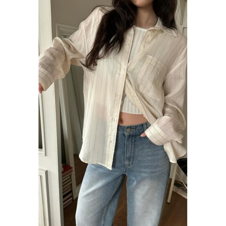 VENUSY｜正韓🇰🇷 - 韓國女裝｜亞麻線條透光襯衫 韓國襯衫-細節圖6