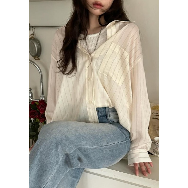 VENUSY｜正韓🇰🇷 - 韓國女裝｜亞麻線條透光襯衫 韓國襯衫-細節圖7