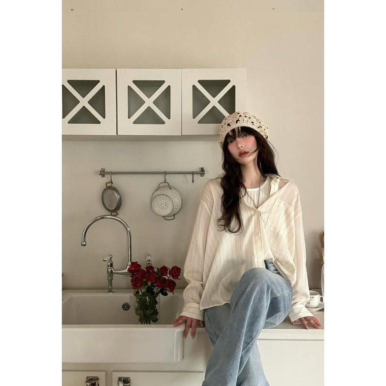 VENUSY｜正韓🇰🇷 - 韓國女裝｜亞麻線條透光襯衫 韓國襯衫-細節圖8