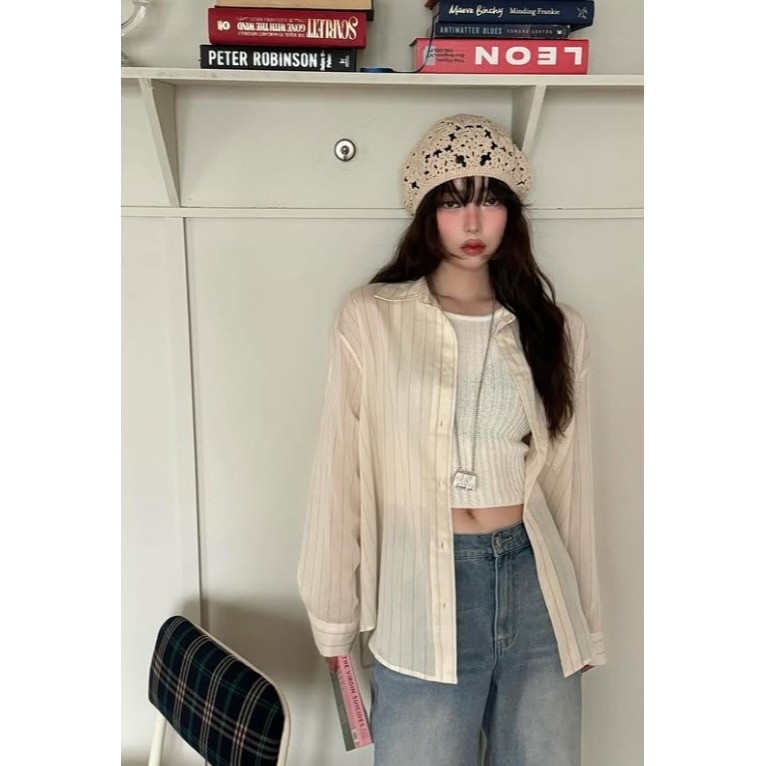 VENUSY｜正韓🇰🇷 - 韓國女裝｜亞麻線條透光襯衫 韓國襯衫-細節圖9