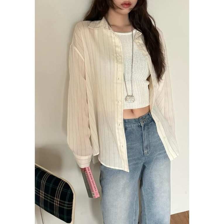 VENUSY｜正韓🇰🇷 - 韓國女裝｜亞麻線條透光襯衫 韓國襯衫-細節圖10